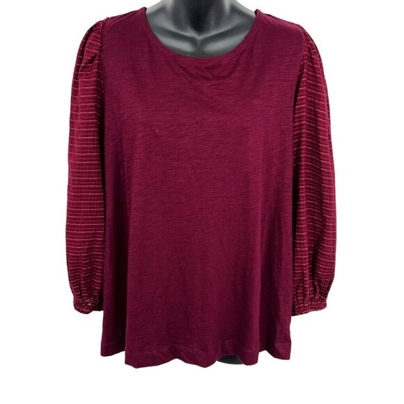 Loft Womens Burgundy Top Striped Balloon Sleeve Tie Back Long Sleeve Stripe New - Picture 1 of 8